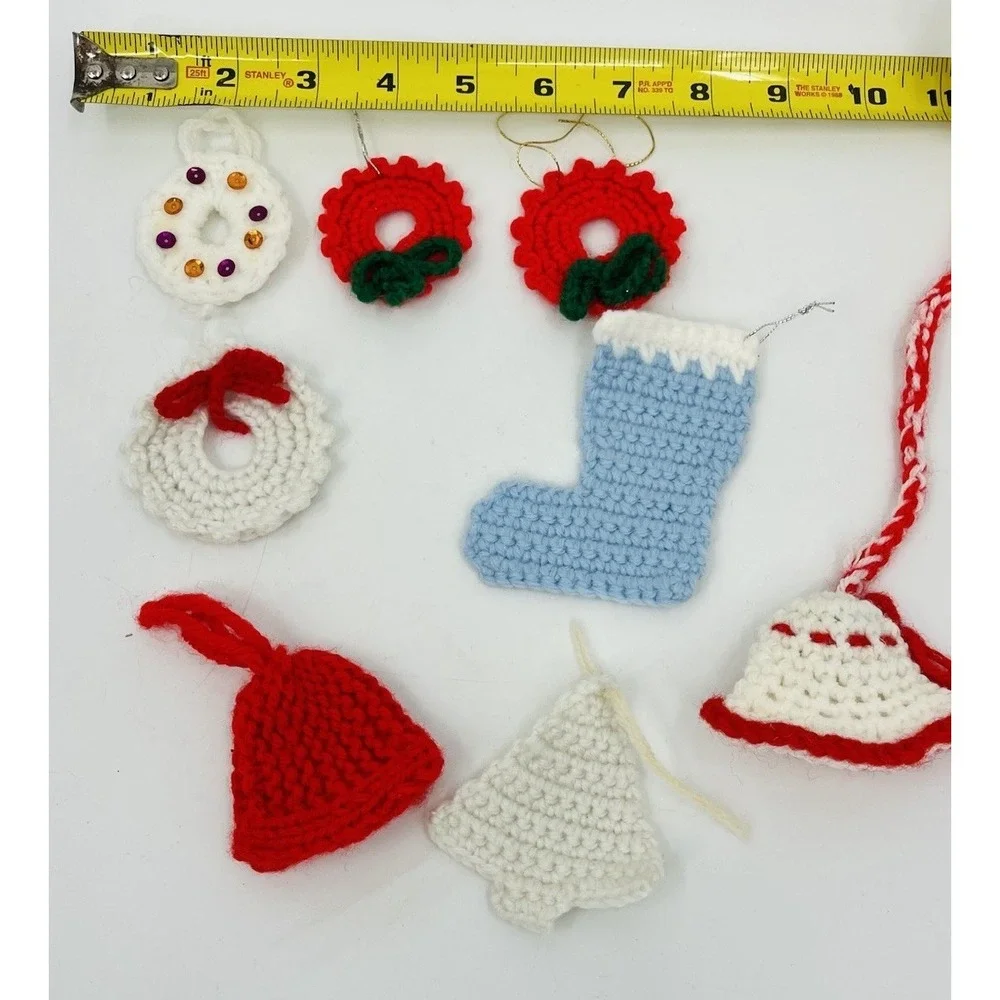 Lot Of 8 Handmade Crochet Knit Christmas Ornaments Vintage Wreaths Stocking Bell